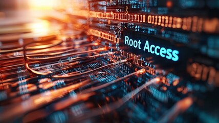 Cybersecurity Breach Visualization concept. Digital interface showcasing root access and data networks.