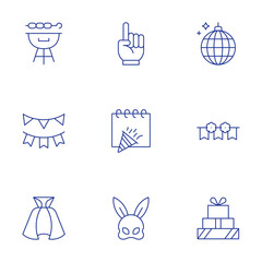 Party icons set. Thin Line style, editable stroke. bbq grill, bunting, cloak, disco ball, garland, gifts, number one, party, rabbit mask