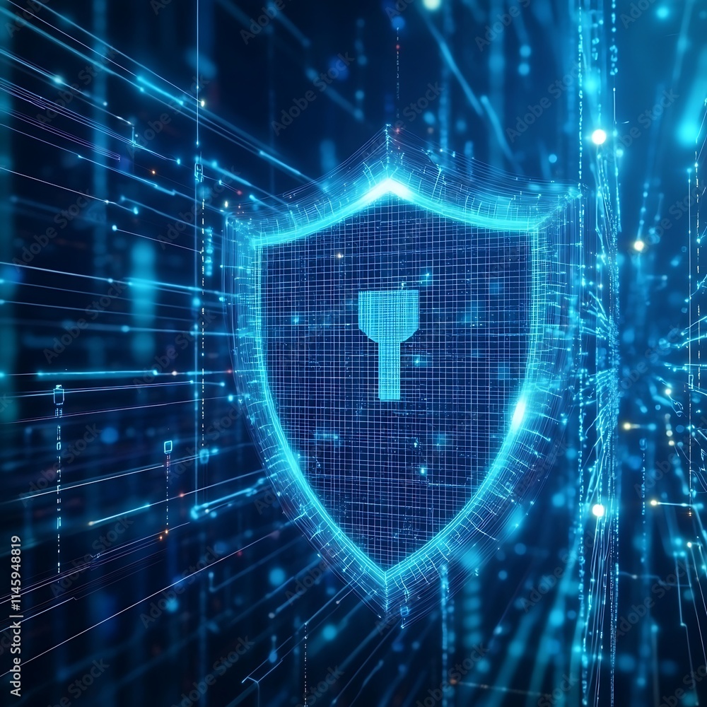 Poster abstract digital shield icon representing cybersecurity and data protection in a futuristic style