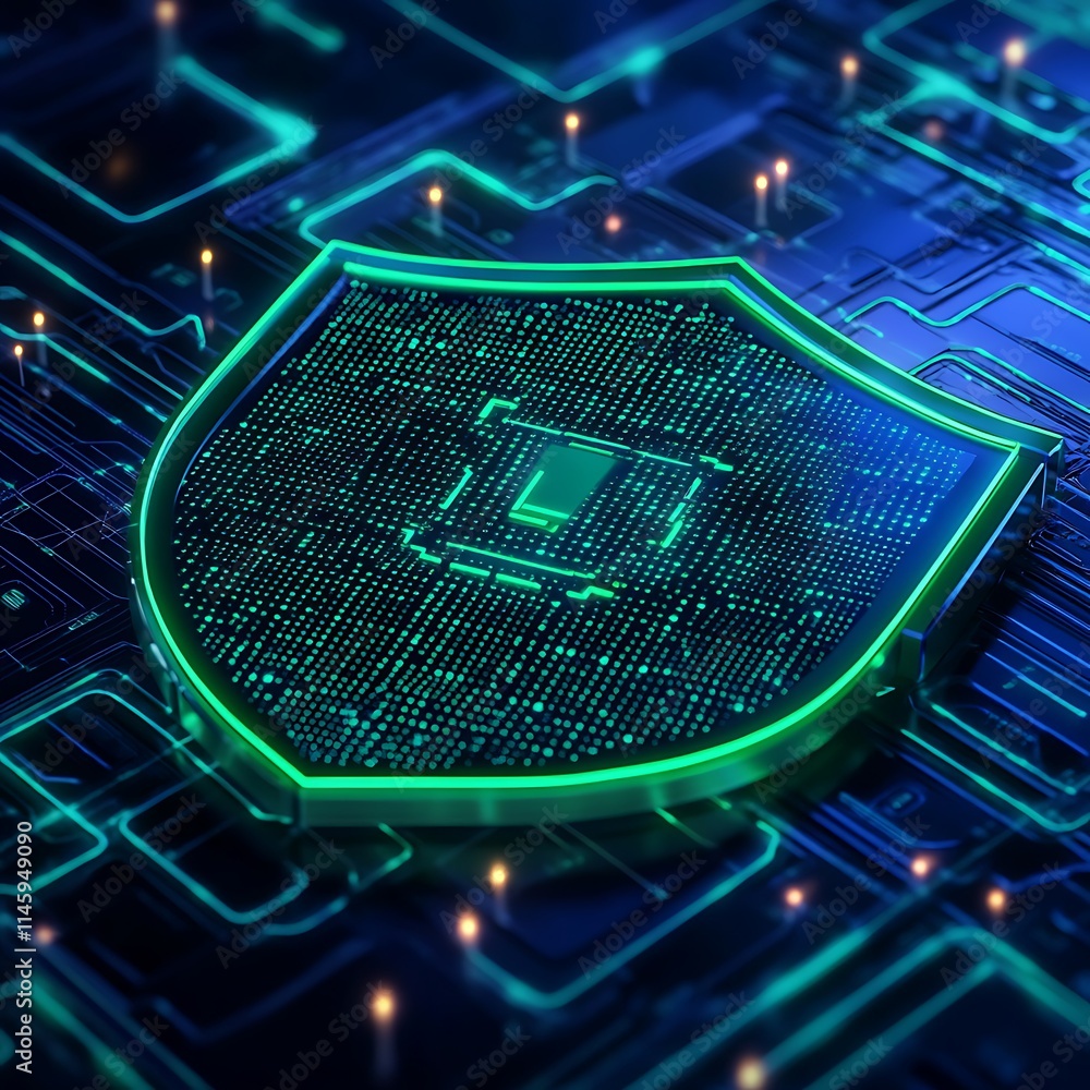 Poster abstract digital shield symbol on circuit board background representing cybersecurity and protection