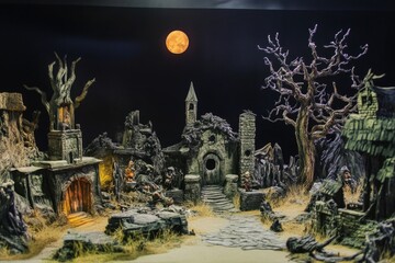A model of a medieval castle under the light of a full moon