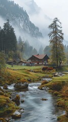 View of a farm with rural scene, mountain, mist, cow, and river flow.