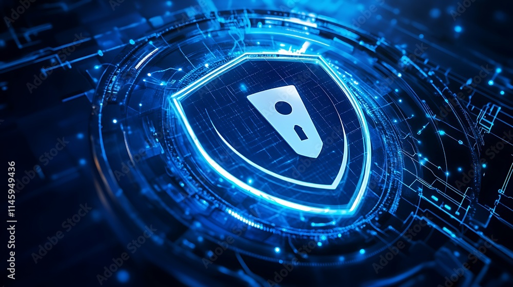 Poster abstract digital shield with technology elements for cybersecurity concept and protection symbol