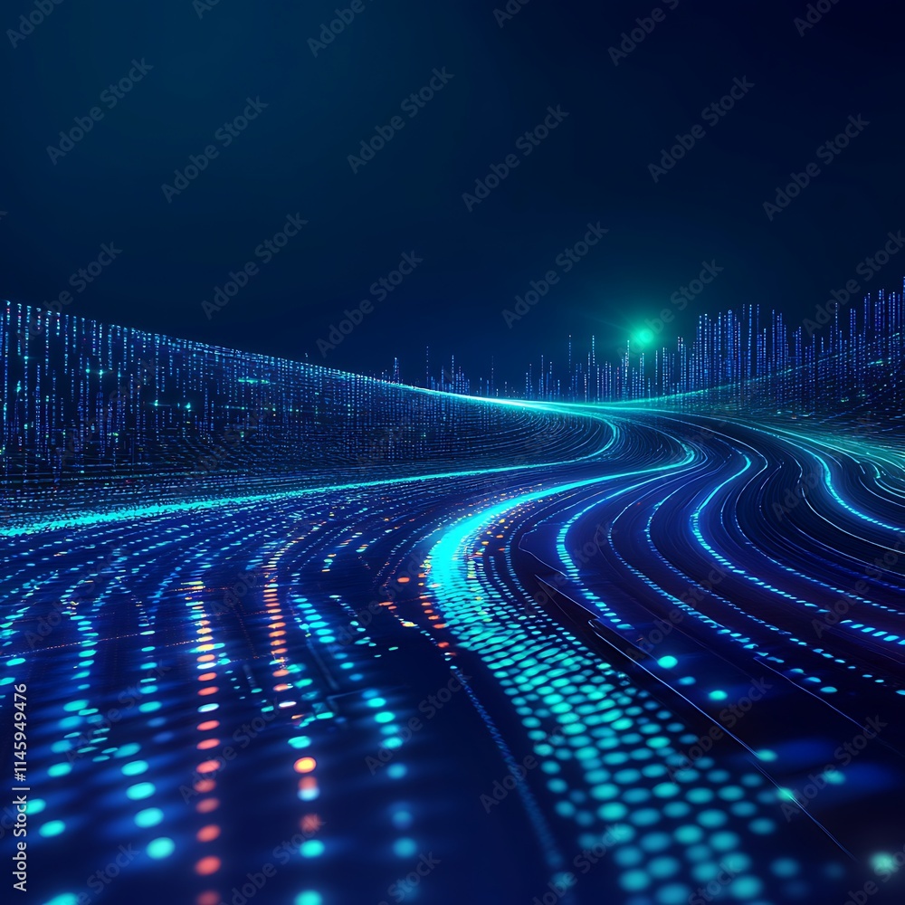 Poster abstract digital stream of light and data waves flowing through a cosmic space landscape