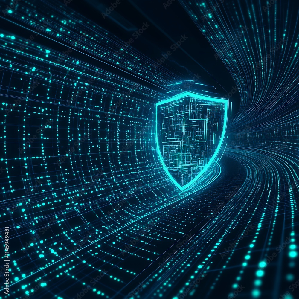 Poster abstract digital tunnel with data flow and shield symbolizing cybersecurity and data protection conc