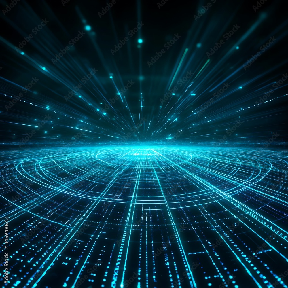 Poster abstract futuristic digital landscape with glowing particles and circular patterns on a dark backgro