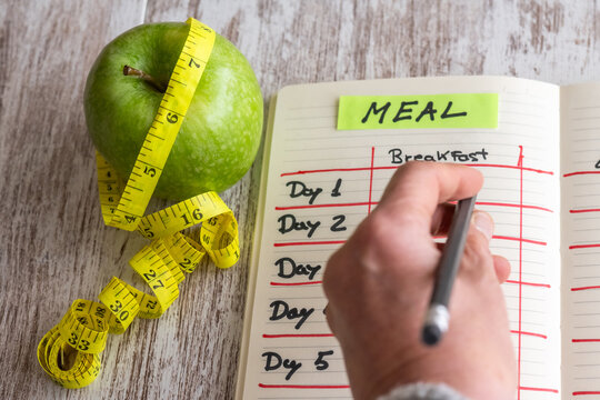 Person Planning Daily Meals For Balanced Nutrition, Fitness Goals, And Healthy Living Using A Journal And Green Apple. Concept Of Maintaining And Improving Health.Healthy Meal Or Menu.