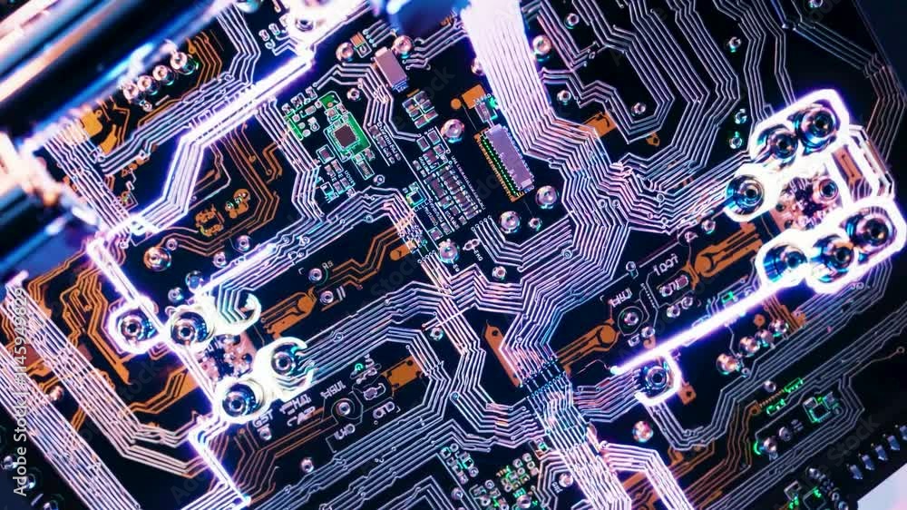Aufkleber close-up view of a complex circuit board with vibrant colors and intricate designs.