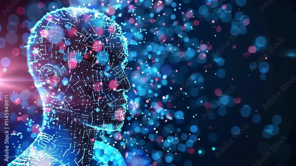 Poster glowing digital human head made of particles emerging from a futuristic particles cloud is represent