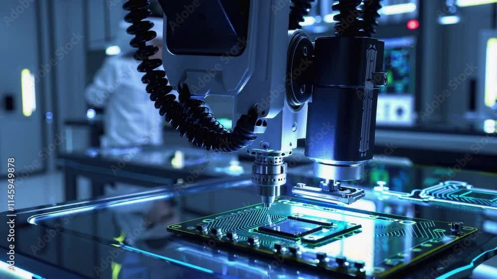 Poster close-up of robotic arm assembling microchip on a printed circuit board in a lab.