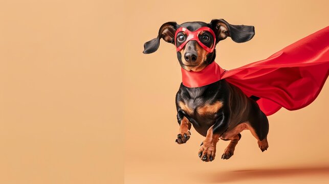 Flying brave dachshund in superhero costume with red cape and superhero mask isolated on beige background with copy space. Super hero winner concept.