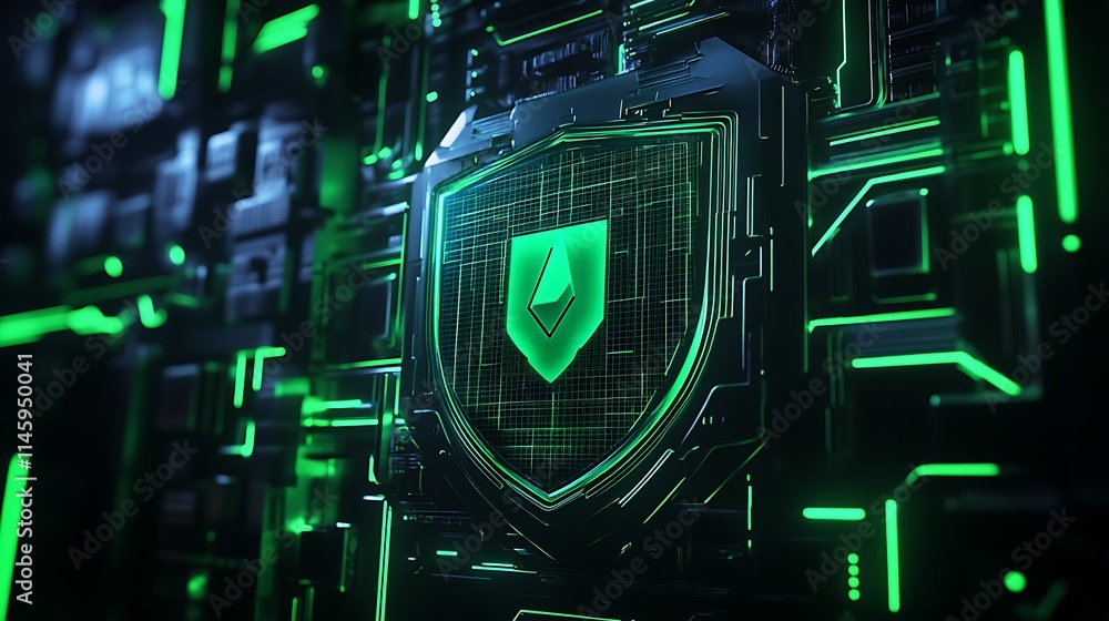 Poster abstract technology background with shield and digital elements for cybersecurity and protection con