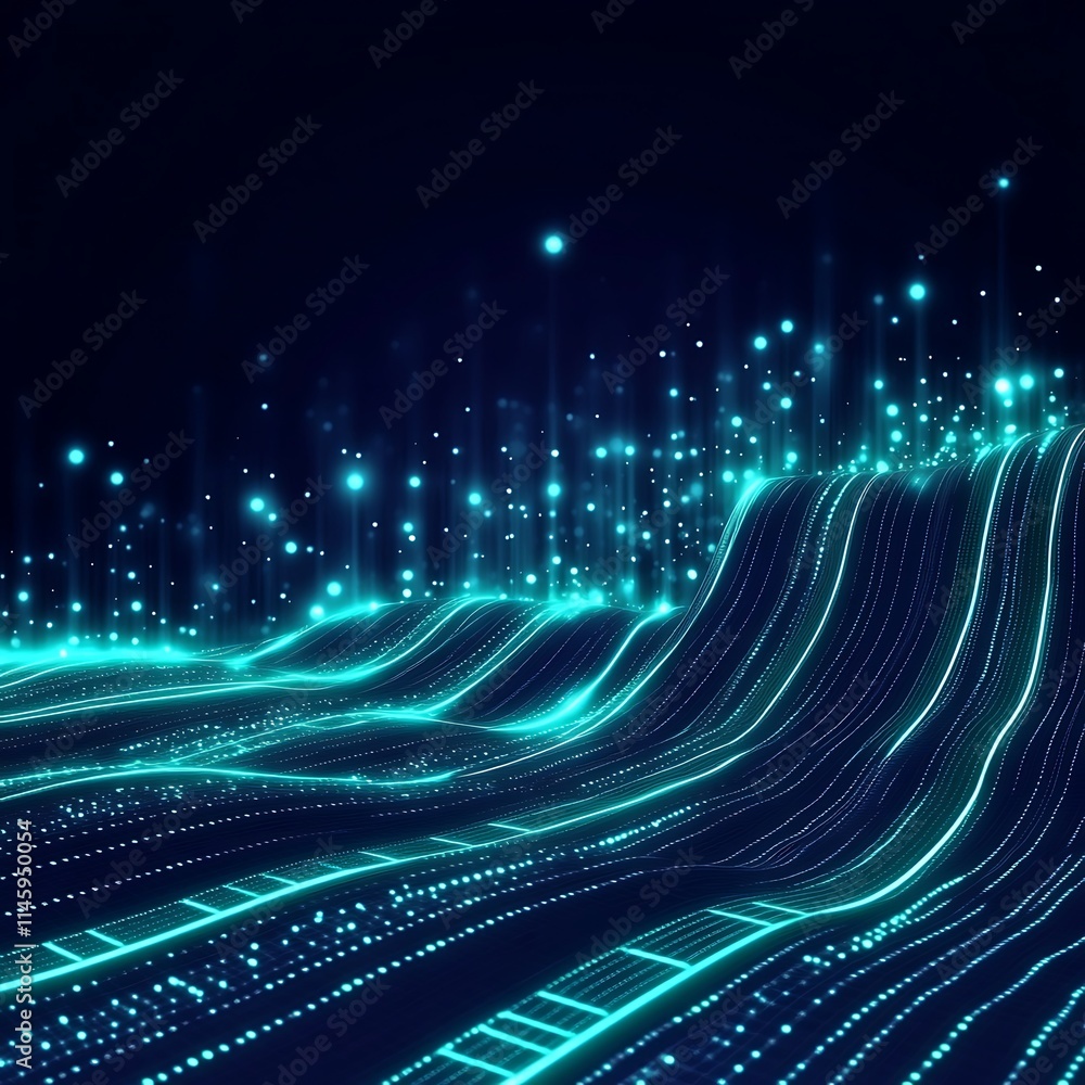 Poster abstract visualization of data flow with glowing lines and particles in a digital landscape represen