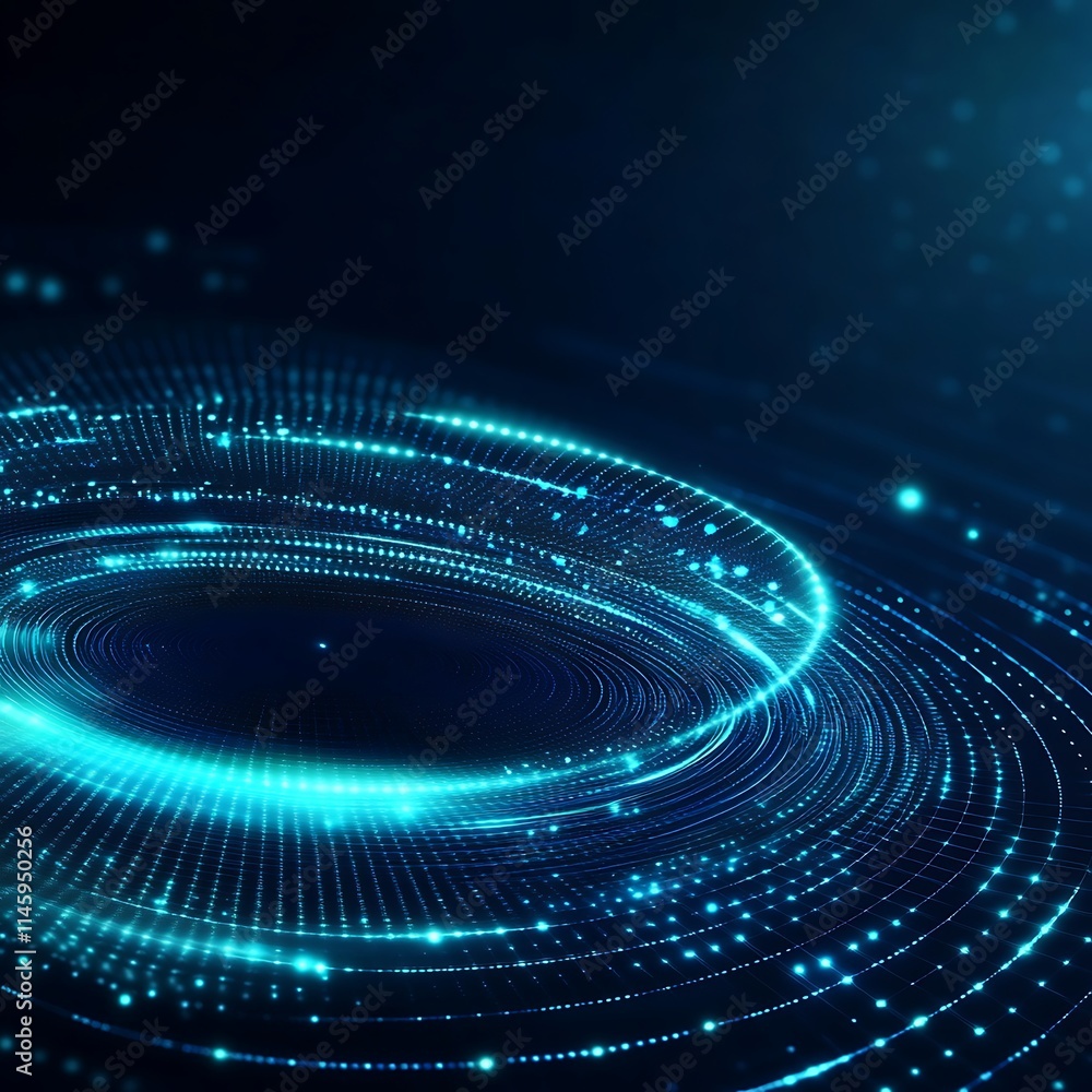 Poster circular light waves and particles create beautiful motion in a dark background for visual effects a