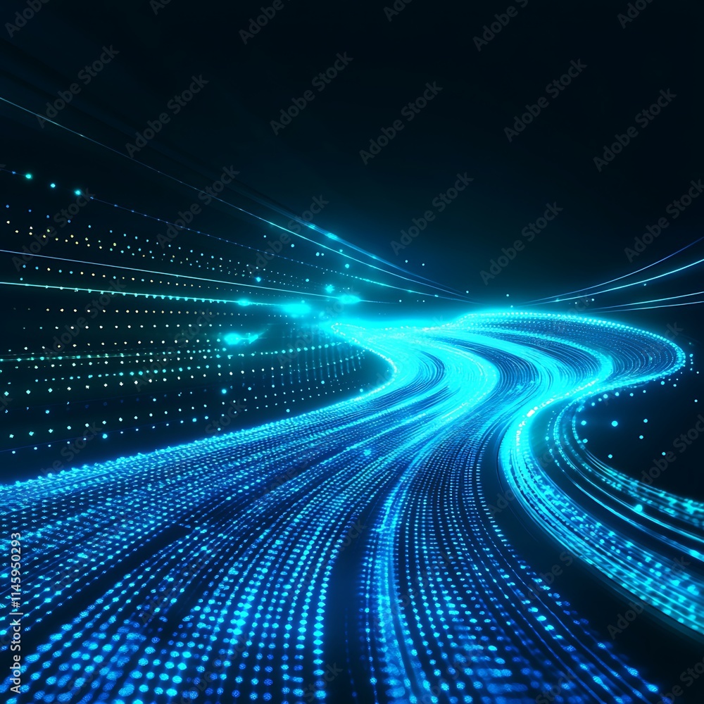 Poster colorful abstract digital wave motion with glowing dotted lines creating a futuristic technology bac
