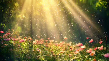 Obraz premium Sunbeams Through a Flower Meadow: A magical scene where sunlight streams through a lush forest, illuminating a field of delicate pink flowers. The image evokes a sense of tranquility and wonder. 