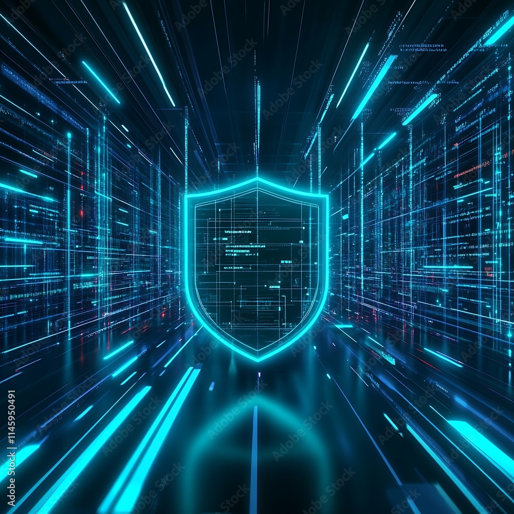 Poster digital cyber security concept with neon shield and data stream in futuristic environment