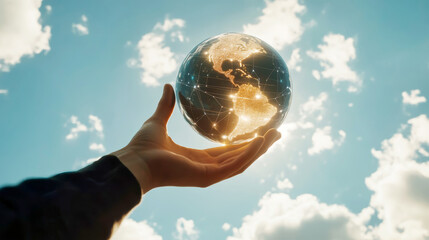 Exploring digital transformation through connection and innovation with a hand supporting a glowing globe against a blue sky