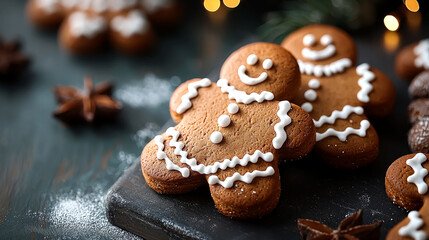 Two iced gingerbread men cookies on dark surface with anise stars.