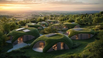 Sustainable green architecture featuring earth-covered homes in a serene landscape.