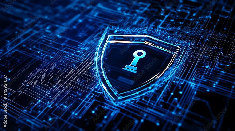 Poster digital security concept featuring shield with key symbol on a futuristic technology background
