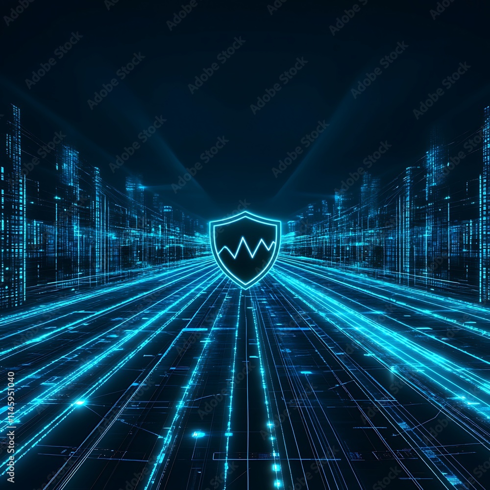 Poster digital security concept with abstract data streams and shield symbol representing cyber protection