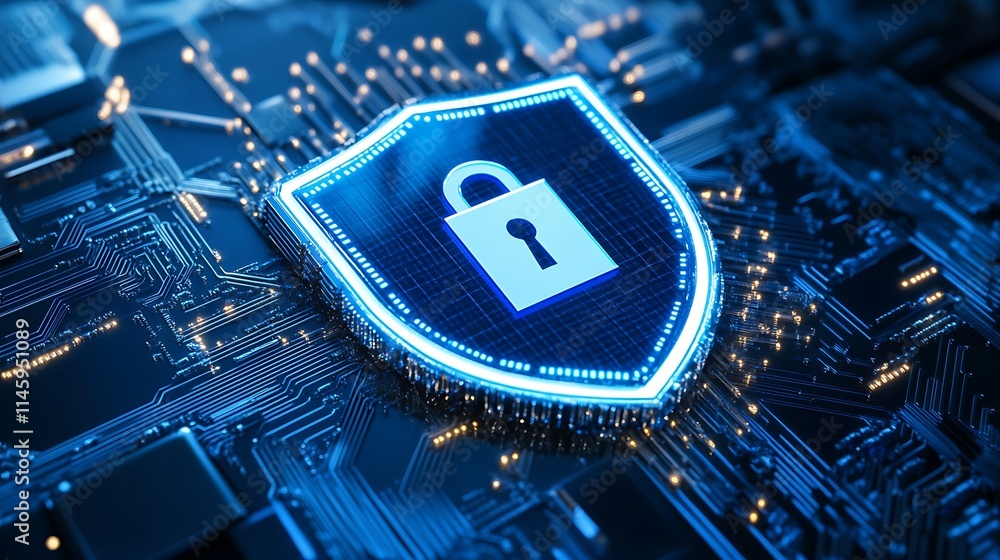 Poster digital security concept with lock symbol on circuit board background representing safe data transmi