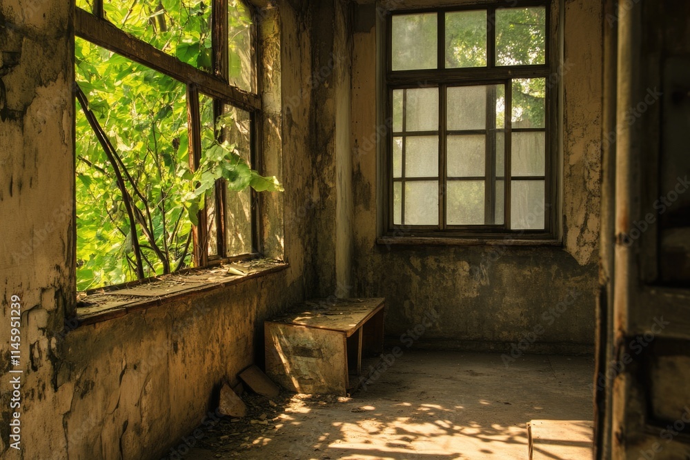 Poster a quiet room with a large window and a comfortable bench inside