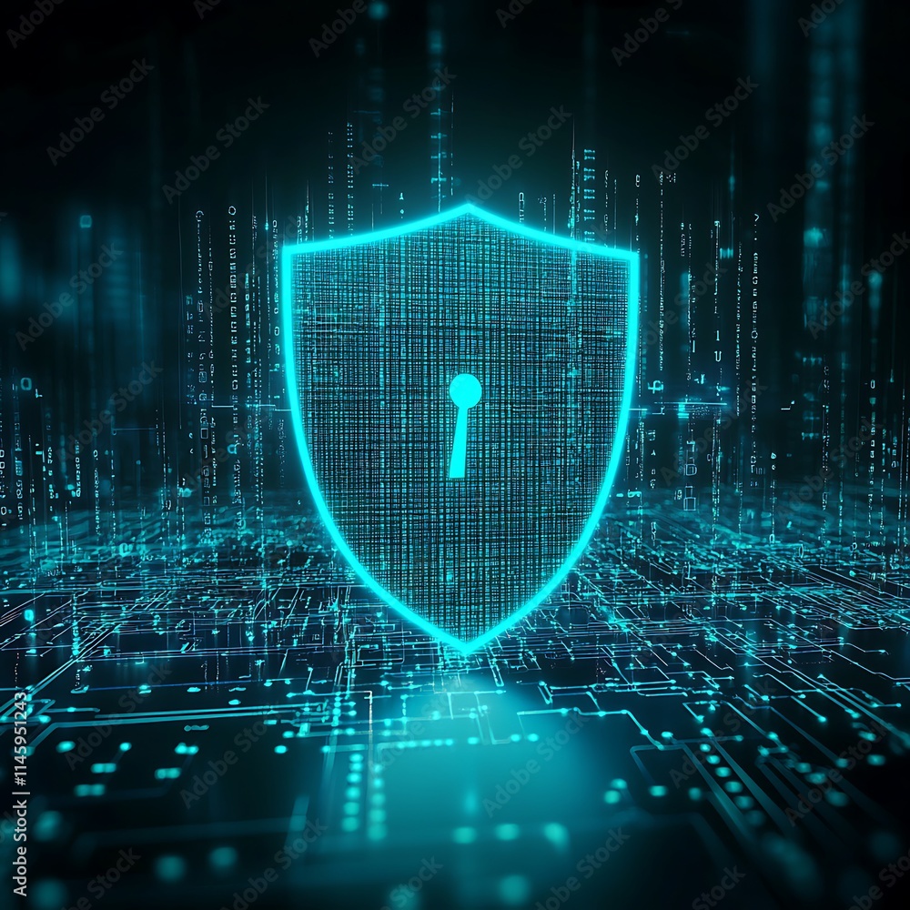 Poster digital security concept with shield and lock symbol representing online protection and data safety