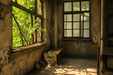 Naklejka premium A quiet room with a large window and a comfortable bench inside