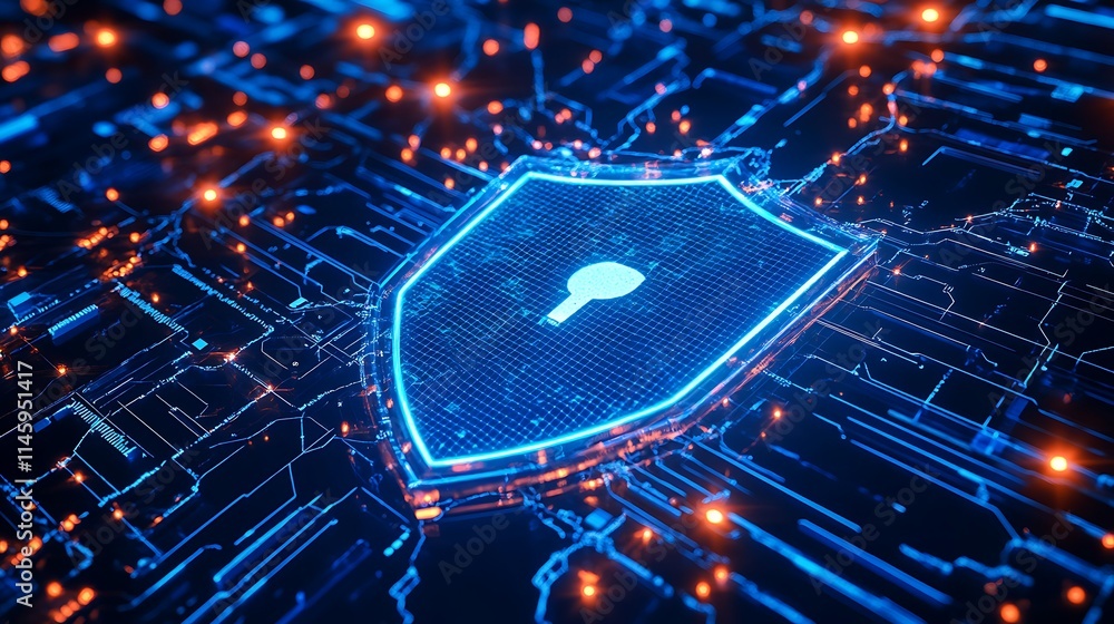 Poster digital security shield concept with circuit board background and lock symbol in neon blue colors