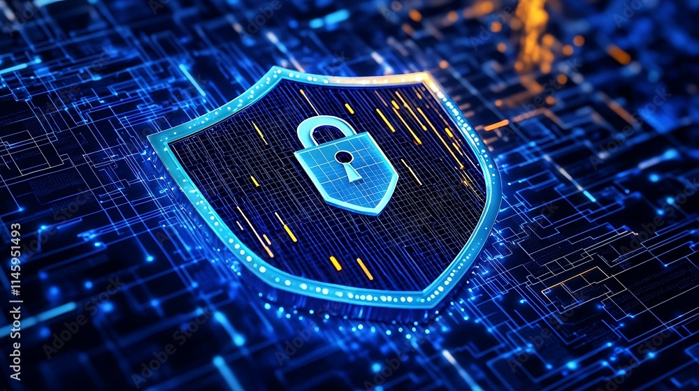 Poster digital security shield concept with lock symbol on futuristic abstract background