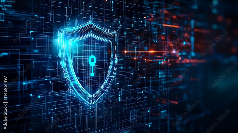 Poster digital security shield icon with key symbol representing data protection in cyber space environment