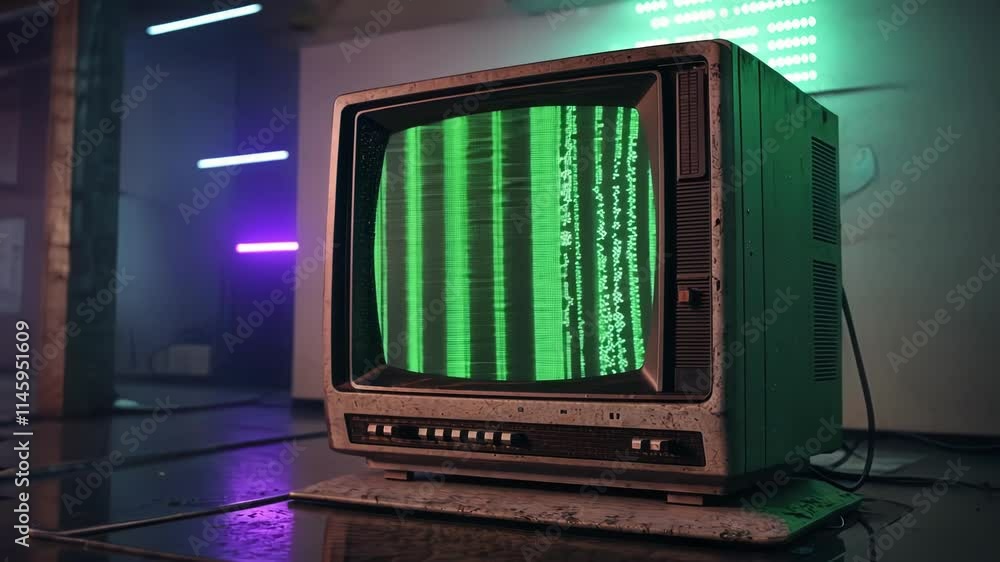 Poster an aged computer screen emits a grainy static with streaks of shimmering green and purple dancing ac
