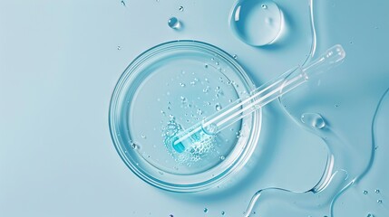 Pipette dripping cosmetic sample into transparent petri dish on light blue background, focused on skincare laboratory testing scene