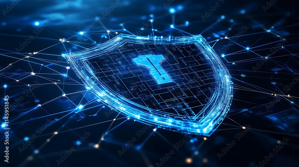 Poster digital security shield with key symbol in futuristic technology background for cyber protection con
