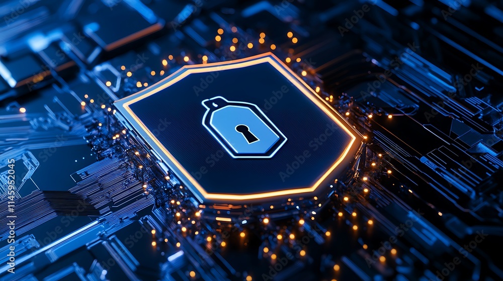 Poster digital security shield with lock symbol on computer circuit board background for cyber protection