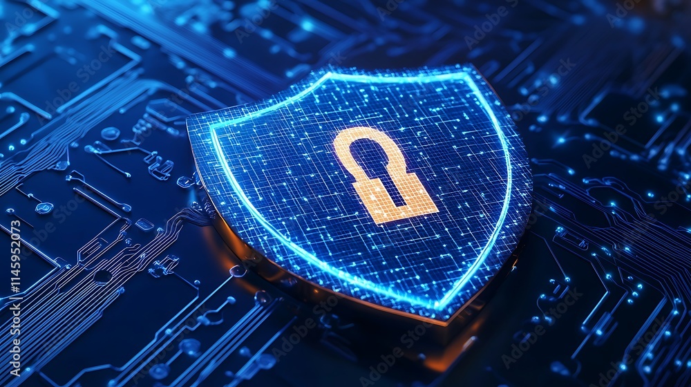 Poster digital security shield with lock symbol on circuit board background for cyber protection and safety