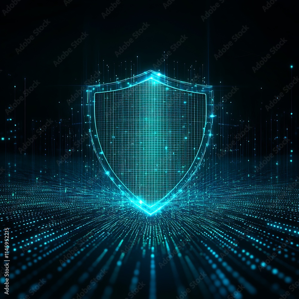 Poster digital shield and technology abstract with light effects on dark background for cybersecurity repre