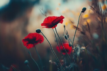 Obraz premium A vibrant bouquet of red poppies growing amidst a lush green field