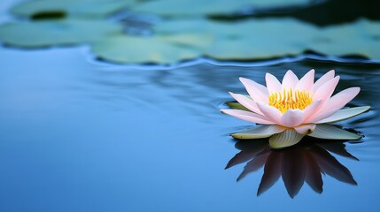 A single pink lotus flower floating in a serene pond, low-angle shot, Zen style