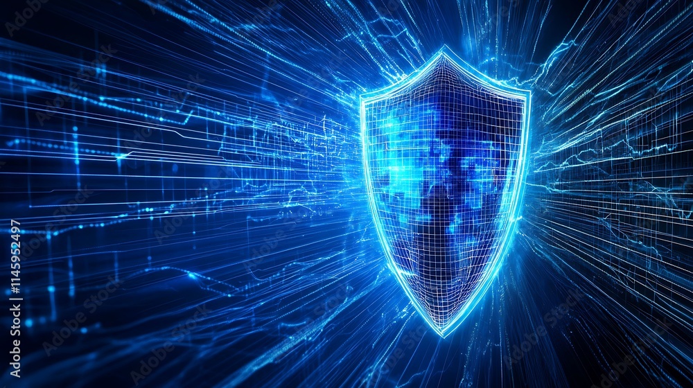 Poster digital shield concept representing cybersecurity and data protection technology in abstract design