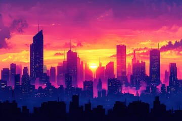 Fototapeta premium dramatic cityscape at sunset with skyscrapers silhouetted against vibrant skies minimalistic urban scene with copy