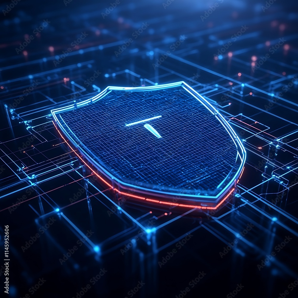 Poster digital shield concept representing cybersecurity and protection in a futuristic technology environm