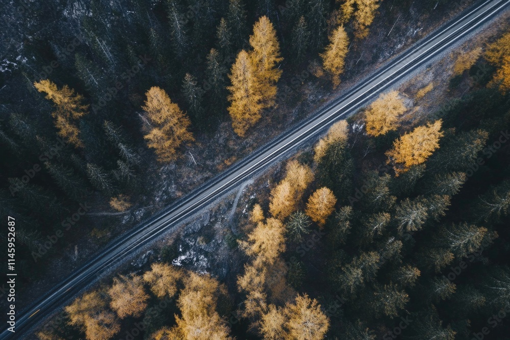 Poster aerial view of a road passing through a dense forest with tall trees on both sides