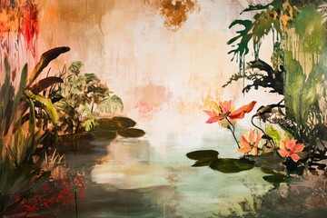 Naklejka premium A serene pond surrounded by lush greenery and featuring beautiful water lilies