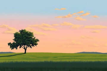 Fototapeta premium peaceful view of lone tree standing in vast green meadow under vivid sunset sky