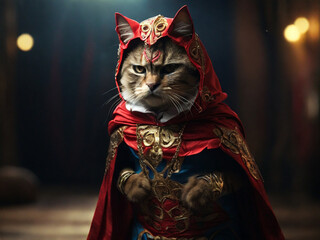  cat dressed as a Mexican professional wrestling, with a cape