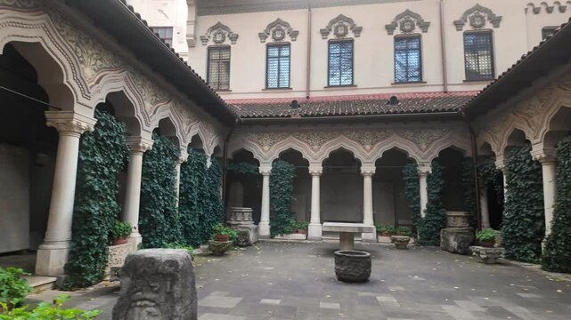 Courtyard in Stavropoleos Monastery Church in Bucharest, Romania. Travel to Bucharest, Romania