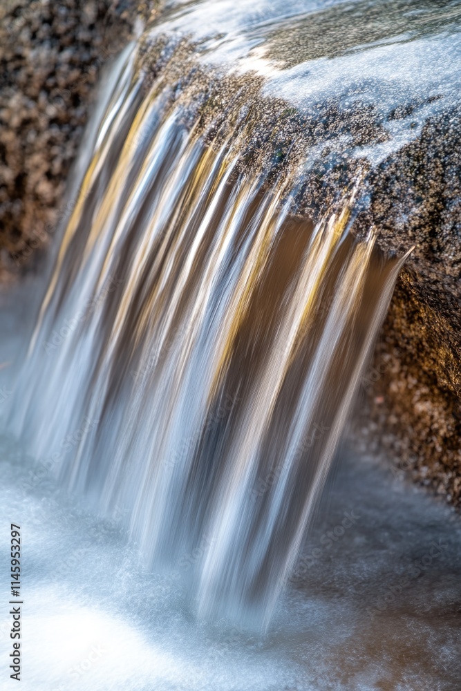 Poster a close-up view of a waterfall with flowing water, suitable for use in nature-themed designs or as a